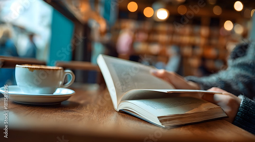 Hands, person and reading book in cafe for story, knowledge and student learning literature information in university. Closeup, education and studying novel on coffee shop table at college to relax