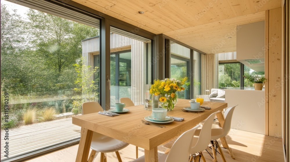 Fototapeta premium Bright and Modern Dining Space with Wooden Table and Fresh Flowers Surrounded by Nature and Glass Walls