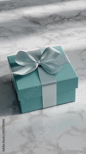 Luxury teal gift box mockup with silver ribbon bow on white marble surface