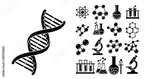Scientific icons depicting molecular structures dna and chemistry laboratory equipment