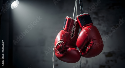 Hanging red boxing gloves catch a dramatic spotlight against a dark background, representing the dedication, strength, and challenge of the combat sport
