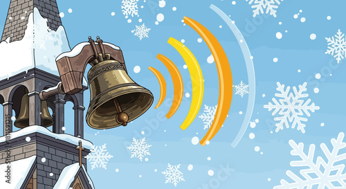 Joyful Christmas bells ringing out carols in the snowy winter air, spreading holiday cheer and festive spirit through the village on a bright blue day