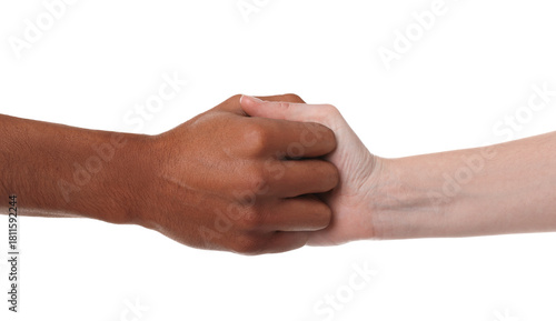 Bilde på lerret African American man joining hands with his partner on white background, closeup