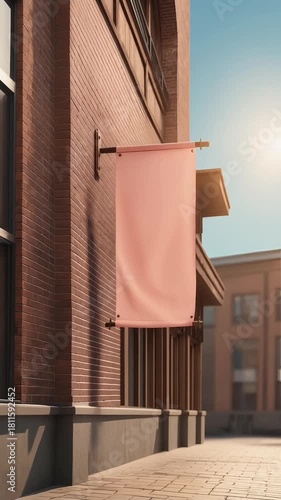 Outdoor retail store flag sign banner mockup on red brick building facade