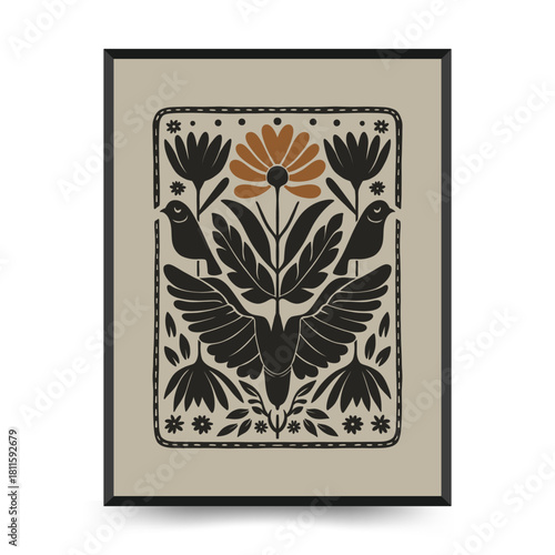 Mystical Scandinavian linocut birds with folk ornaments. Minimalist posters template for decorative prints.