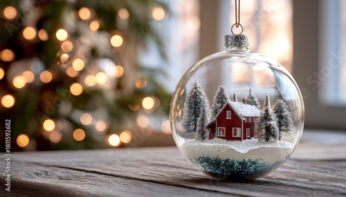 Clear glass sphere ornament containing a miniature snowy winter scene rests upon wooden surface beside festive lights