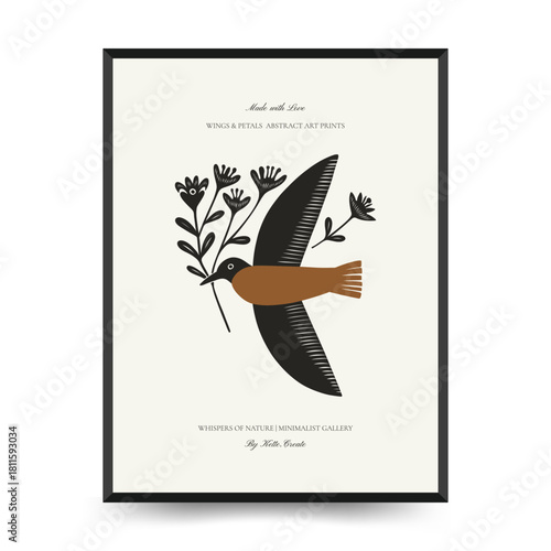 Canvas Print Mystical Scandinavian linocut birds with folk ornaments