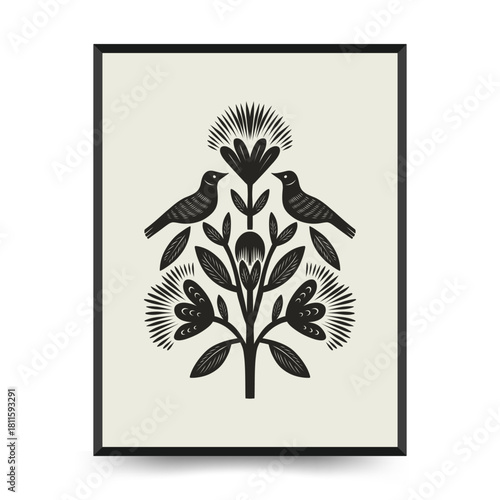 Mystical Scandinavian linocut birds with folk ornaments. Minimalist posters template for decorative prints.