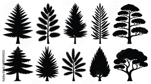 Set of diverse tree and plant silhouettes