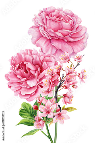 Pink peonies with cherry blossoms in delicate watercolor botanical illustration for spring floral decor