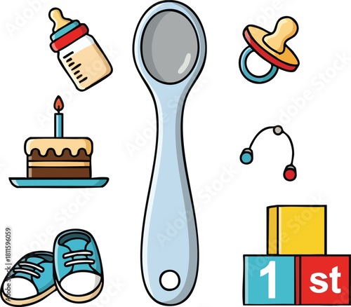 Baby Essentials Collection Including Milk Bottle Pacifier Cake Shoes and Toy Blocks for Newborn Celebration