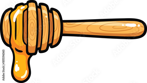 Wooden Honey Dipper with Dripping Golden Honey Isolated on White Background Pixel Art Style
