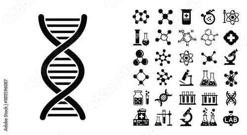 A collection of black science icons representing biology chemistry and research