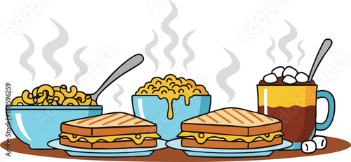 Comfort food spread with steaming macaroni and cheese grilled cheese sandwiches and hot chocolate with marshmallows