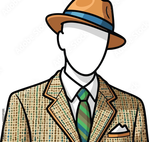 Man In Tan Fedora And Tweed Jacket With Green Striped Tie And White Shirt With Pocket Square