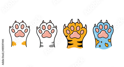 A collection of adorable cartoon cat paws in various colors and patterns
