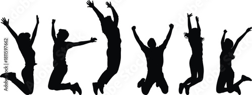 Group of happy young people silhouettes jumping in the air with raised hands, celebrating success and freedom, isolated on white background vector illustration
