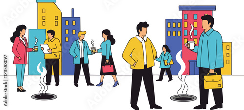 Diverse group of business people interacting outdoors in a city setting with modern buildings in the background