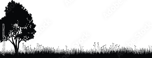 Panoramic black silhouette of a large tree standing in a meadow with tall grass and wild flowers, isolated on white background, nature vector illustration for landscape design
