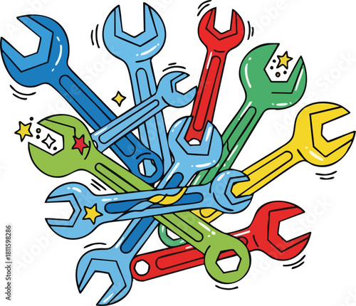 Assorted Spanners Tools In Various Colors For Repair And Maintenance With Sparkles And Stars Illustration