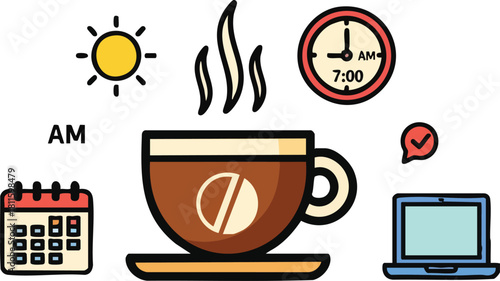 Steaming Coffee Cup At 7 AM With Calendar Laptop Sun And Clock Icons Digital Art Style