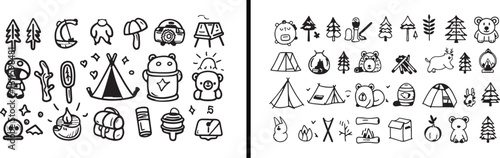 Camping Line Art, Outdoor Sketch Icons, Camping Equipment Illustration, Tent and Backpack Drawing, Hiking Outline Art, Travel Adventure Icons, Minimal Camping Design, Tourist Line Drawing, Nature Sket