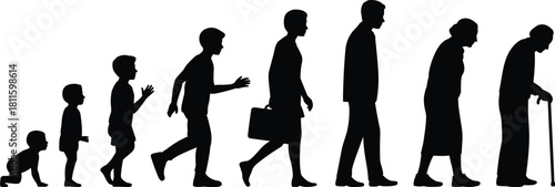 Evolution of human male life cycle showing aging process from crawling baby to businessman and elderly man with cane, black silhouette set isolated on white background, generation vector illustration