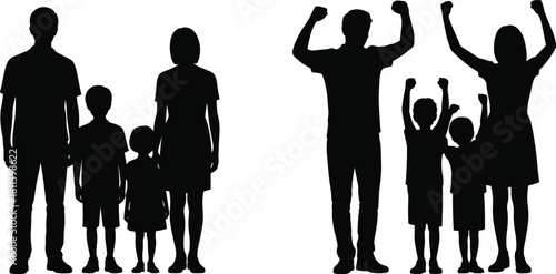 Set of black family silhouettes showing parents and children standing together and celebrating success with raised hands, happy group vector illustration isolated on white background