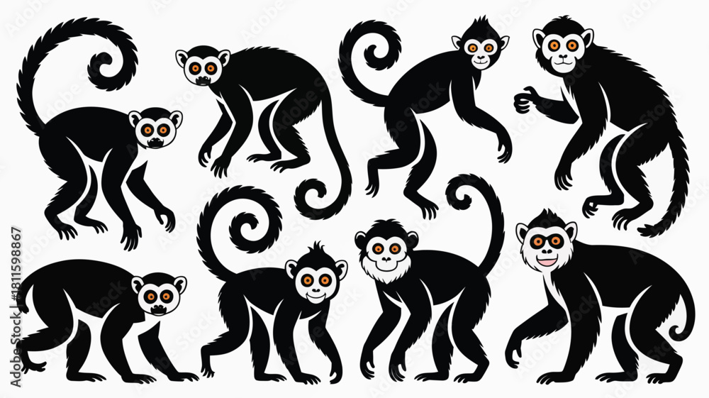 Obraz premium Black and white cartoon monkeys set vector