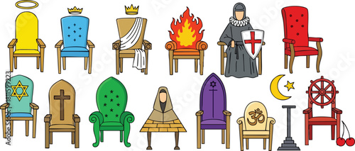 Collection Of Diverse Thrones Representing Different Religions Royalty Power And Authority On A White Background