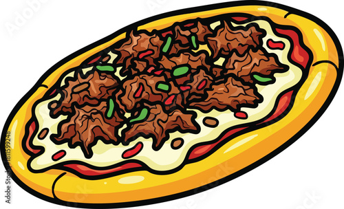 Oval Shaped Food Topping with Meat and Cheese on Yellow Crust