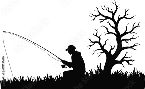 Black silhouette of a fisherman sitting on a grassy bank holding a fishing rod under a leafless tree, isolated on white background, outdoor recreation vector illustration