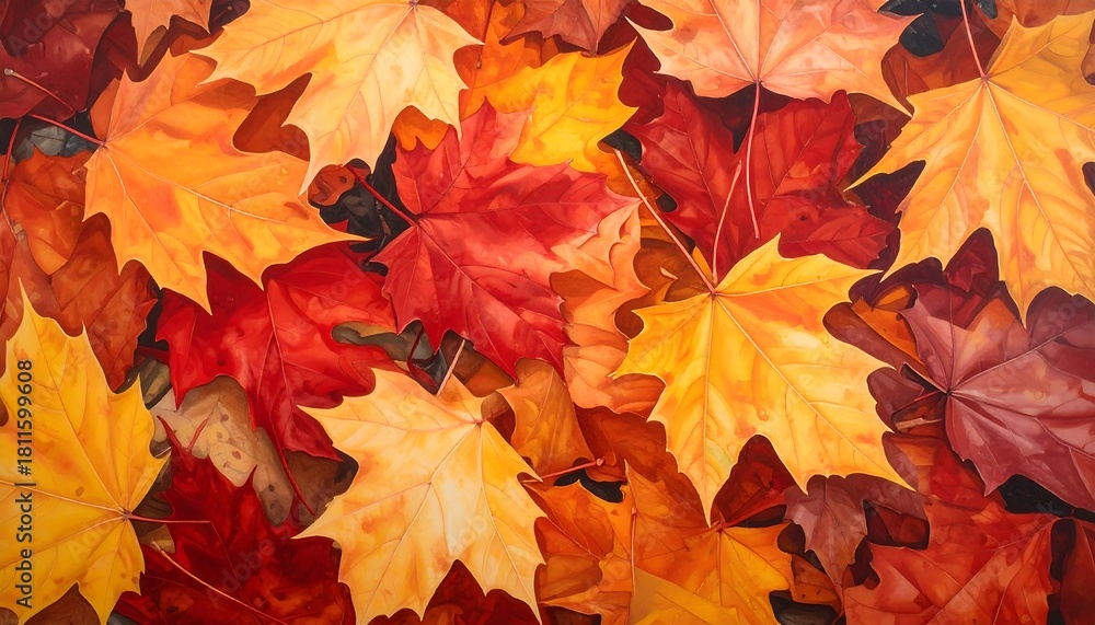 Fototapeta premium Close-up view of vibrant autumn foliage, depicting a mix of red, orange, and yellow maple leaves scattered