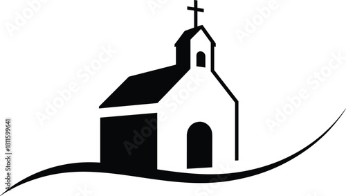 Minimalist black silhouette of a small Christian church building with a cross on the steeple, sitting on a curved line, isolated on white background for religious logo design