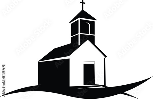 Minimalist black silhouette of a Christian church building with a cross on the steeple, sitting on a curved hill, isolated on white background for religious logo design