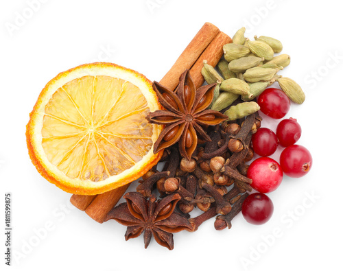 Wallpaper Mural Different spices, cranberries and dry orange slice for mulled wine isolated on white, top view Torontodigital.ca