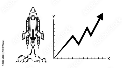 Rocket ship launches with upward trending graph, showing growth and success, ideal for business and investment, originally vector graphics