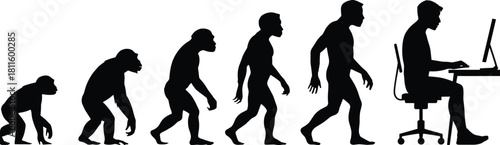 Human evolution silhouette set showing progress from ape to modern businessman sitting at computer desk, funny concept of technology addiction and sedentary lifestyle isolated on white background