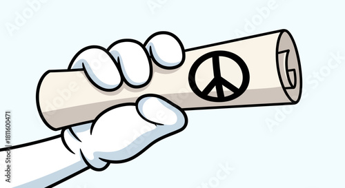 A gloved cartoon hand holds up a rolled scroll featuring a prominent peace symbol, representing a message of diplomacy, treaty, and anti-war sentiment