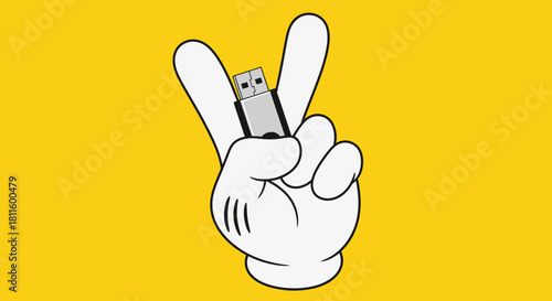 Cartoon Hand Holding a USB Flash Drive Peace Sign, Data Storage, and Technology