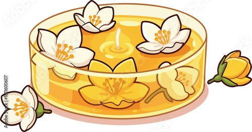 Close up of a yellow liquid with white jasmine flowers floating in a transparent bowl illuminated by soft light