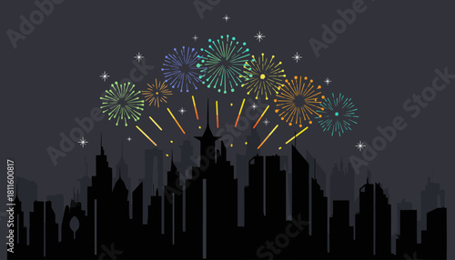 Spectacular multi-colored fireworks show over a metropolitan city silhouette against a starry night sky, symbolizing celebration and joy