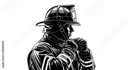 A close-up illustration of a firefighter in uniform, emphasizing their protective gear and determined profile, rendered in a stark black and white style