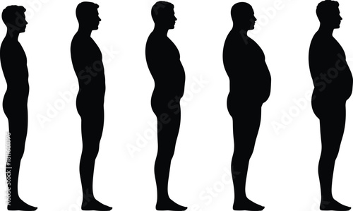 Sequence of male body silhouettes showing stages of weight gain from thin to overweight, concept of obesity and dieting, isolated on white background vector illustration