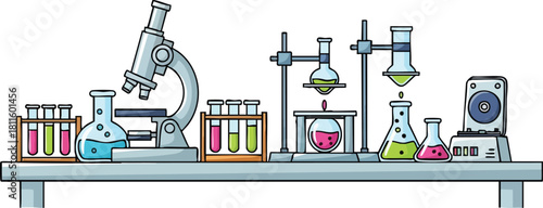 Detailed Scientific Laboratory Equipment With Colorful Liquids and Microscope