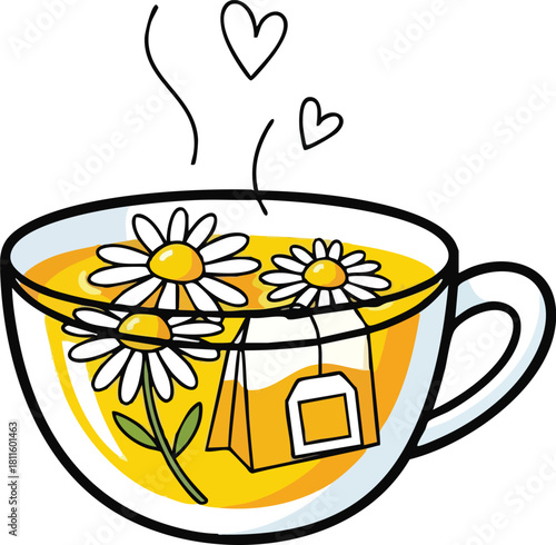 Clear Glass Cup Filled With Yellow Chamomile Tea And Daisies With A Steaming Tea Bag And Cute Hearts Above