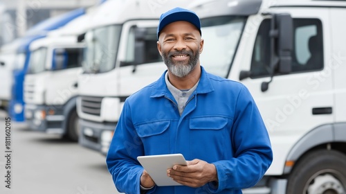 A fleet management worker smiles while holding a tablet in a busy logistics yard filled with trucks. Dressed in a blue uniform, he oversees operations with confidence and focus