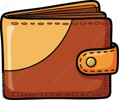 Brown Leather Bifold Wallet with Orange Accents and Metal Snap Closure Detailed Stitching