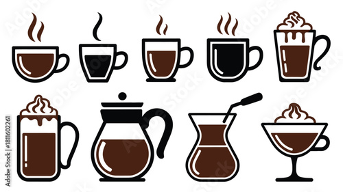 Diverse coffee and hot beverage icons set