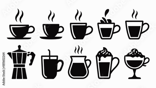 Diverse coffee and hot drink icons group.
